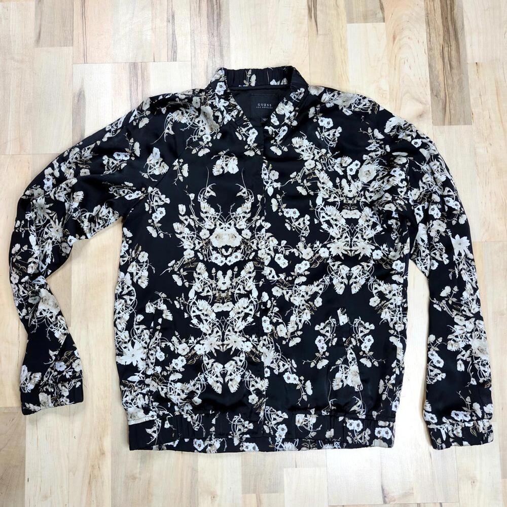 Guess LA Womens Silky Full Zip Lined Floral Jacket Ruffled‎ Collar Cuffs XS